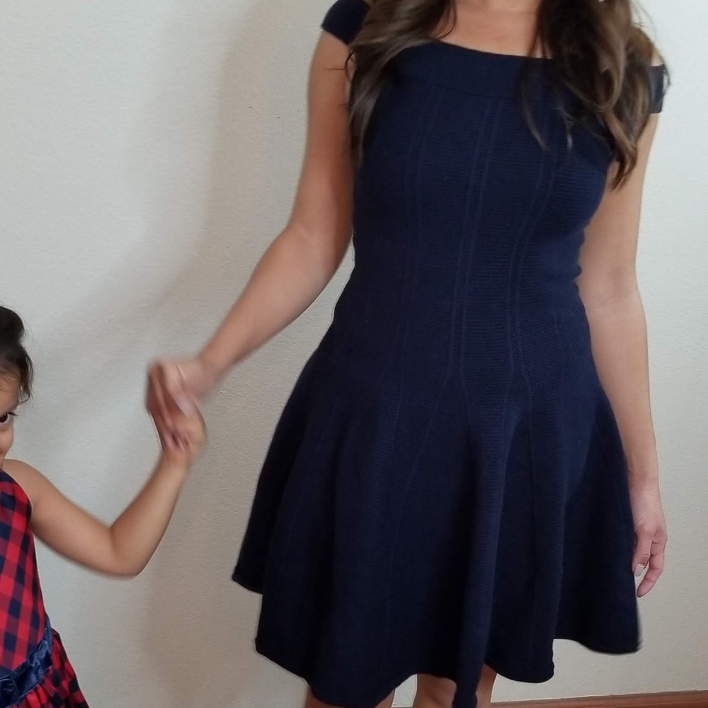 Eliza J Navy Off the Shoulders A Line Sweater Dress sz XS